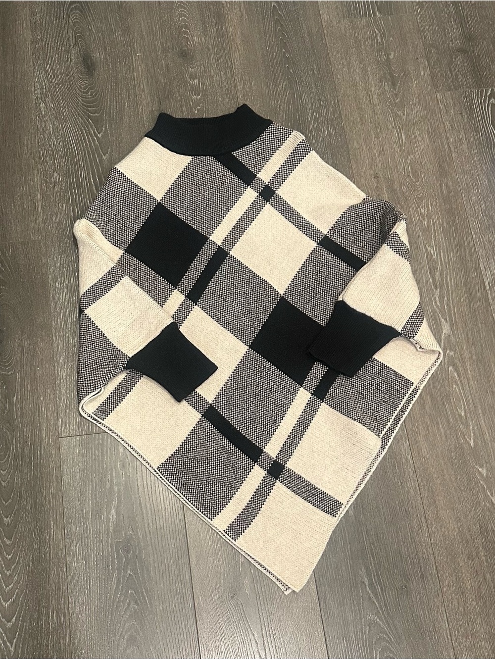 SHEIN Black and Cream Plaid Knit Poncho Sweater One Size